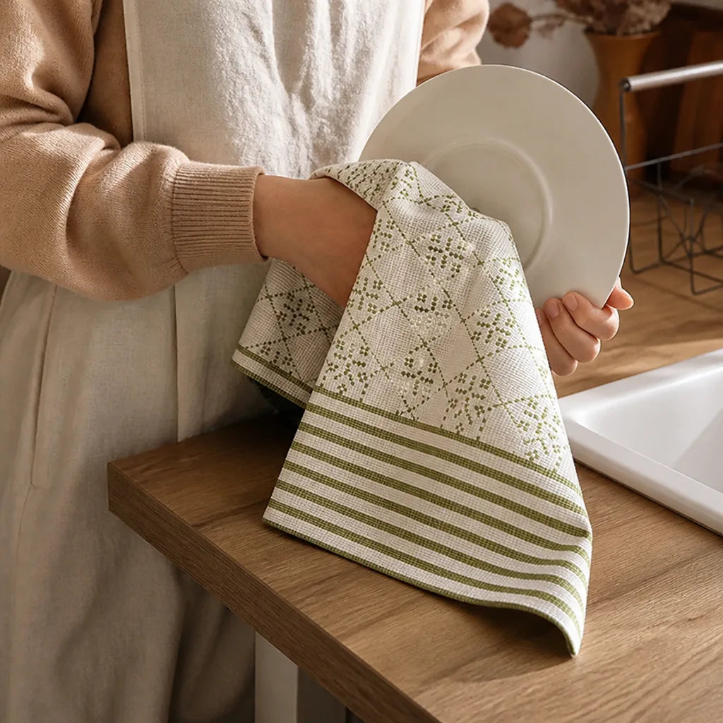 Jacquard-Woven Cotton Kitchen Towel With Striped Trim