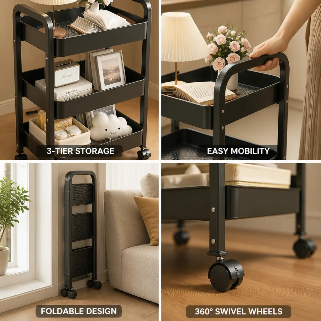 Kitchen Cart 3-Tier Carbon Steel With Wheels