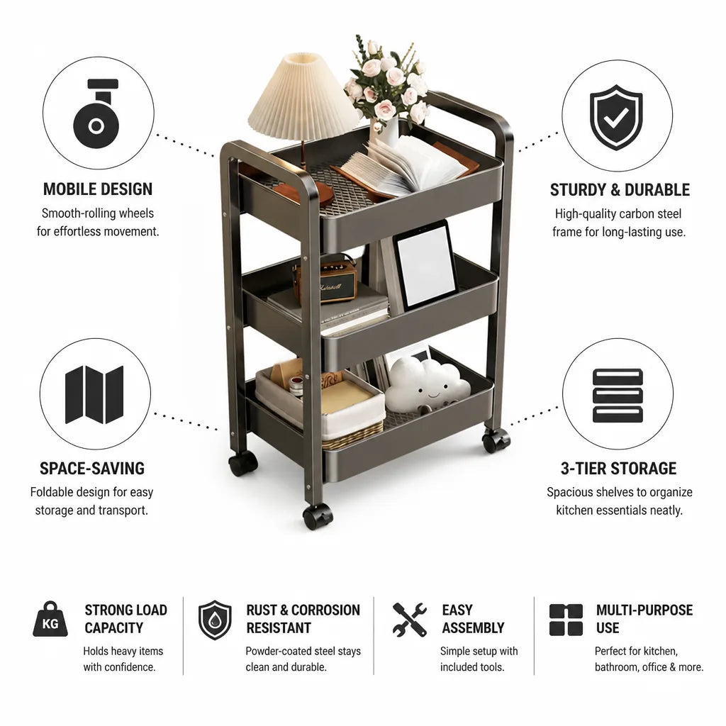 Kitchen Cart 3-Tier Carbon Steel With Wheels
