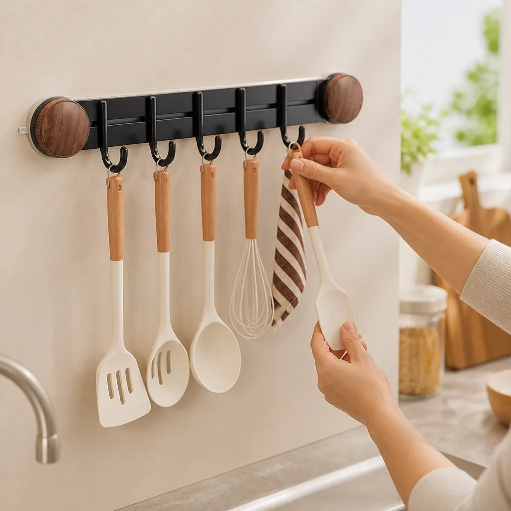 Kitchen Hook Rail Suction Cup Mount Wood Grain Finish