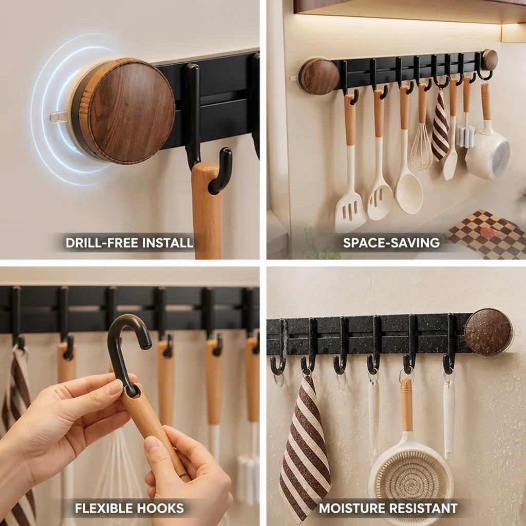 Kitchen Hook Rail Suction Cup Mount Wood Grain Finish