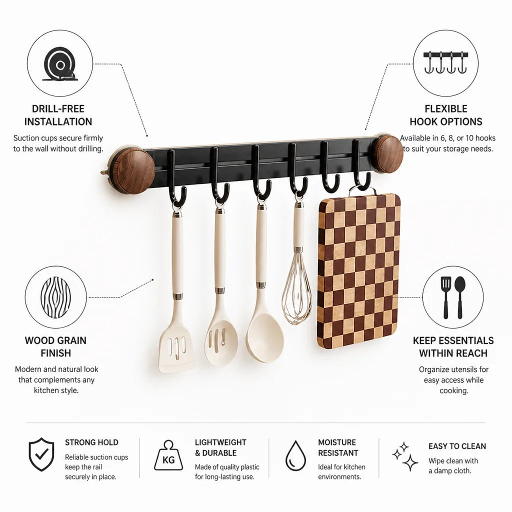 Kitchen Hook Rail Suction Cup Mount Wood Grain Finish
