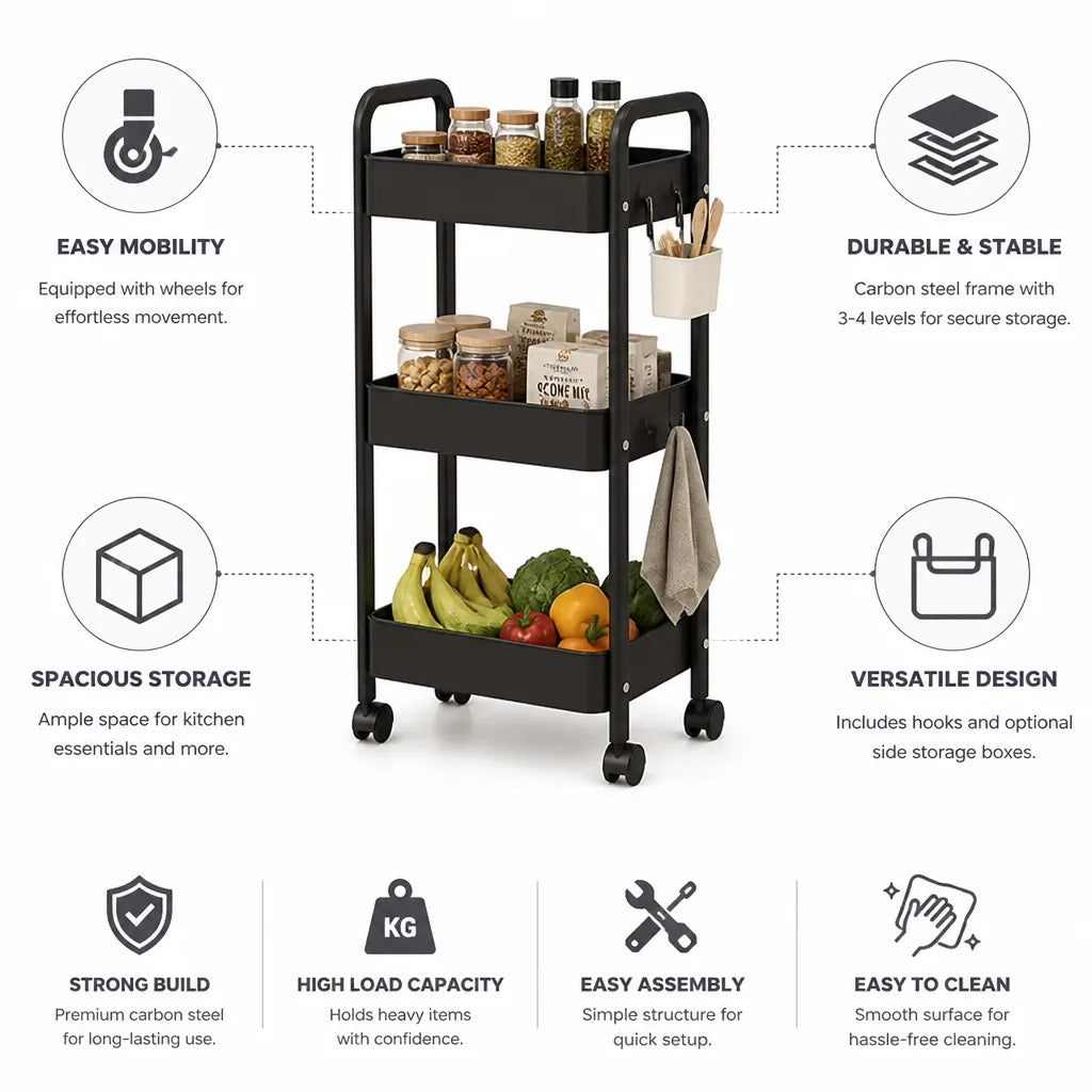 Kitchen Rolling Cart Carbon Steel 3-4 Tier Wheels