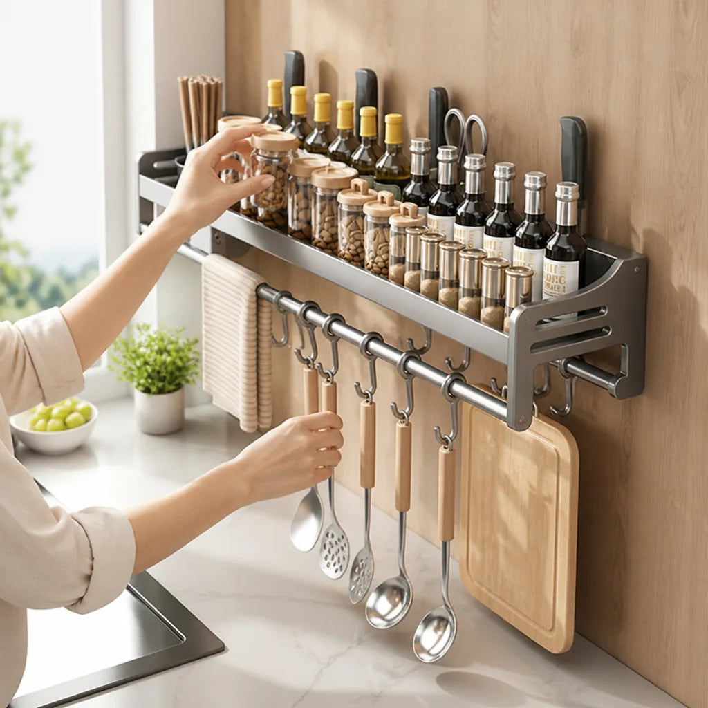Kitchen Wall Shelf Stainless Steel Double Rod No Drill