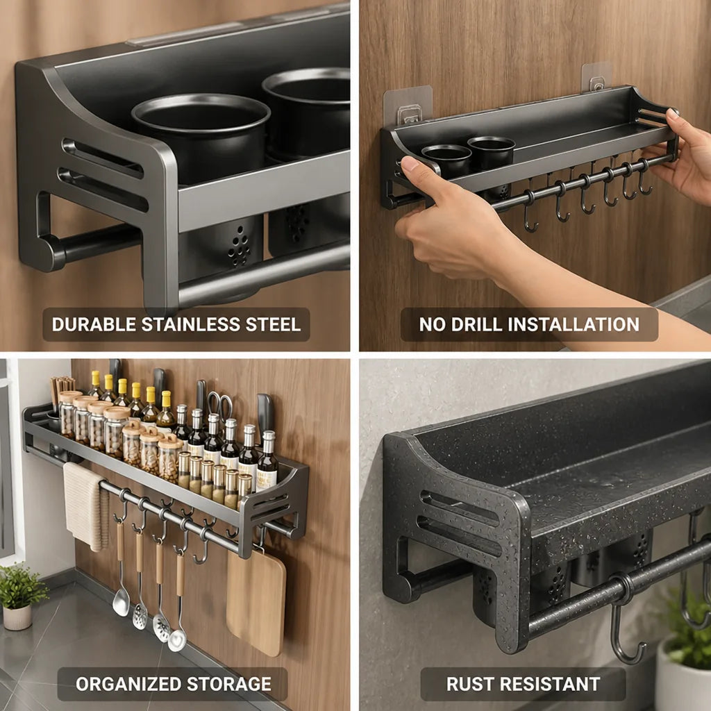 Kitchen Wall Shelf Stainless Steel Double Rod No Drill