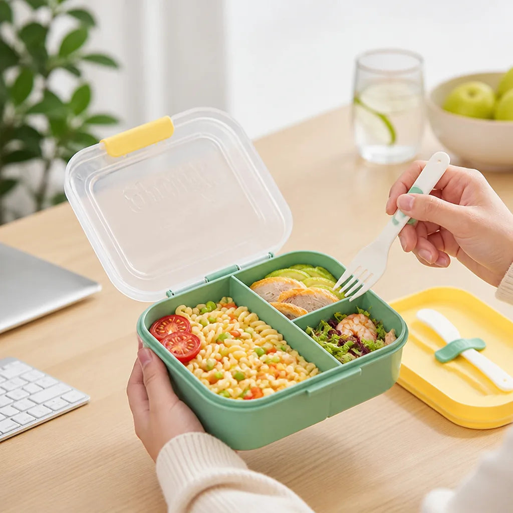 Lunch Box Bento Style Leak-Proof Built-In Utensils