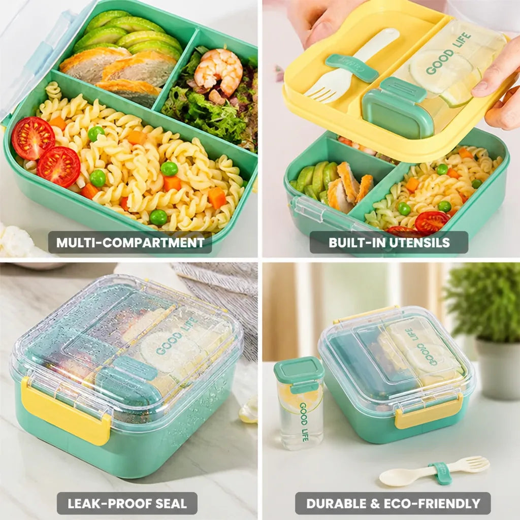 Lunch Box Bento Style Leak-Proof Built-In Utensils