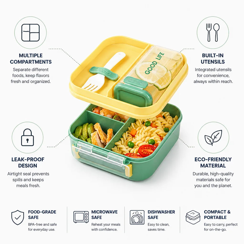 Lunch Box Bento Style Leak-Proof Built-In Utensils