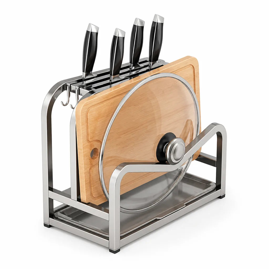 Metal Stand Cutting Board and Lid Holder Knife Block