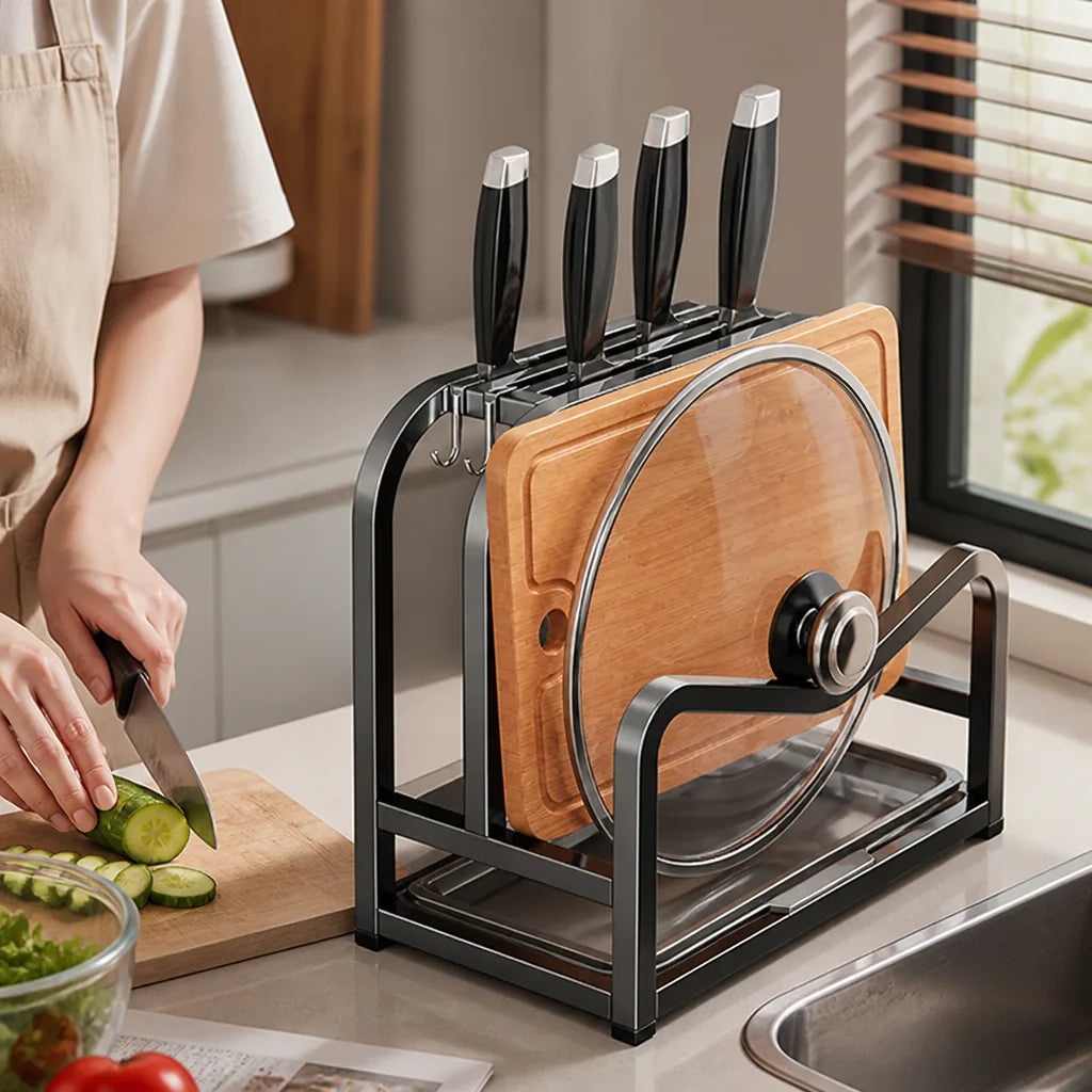 Metal Stand Cutting Board and Lid Holder Knife Block