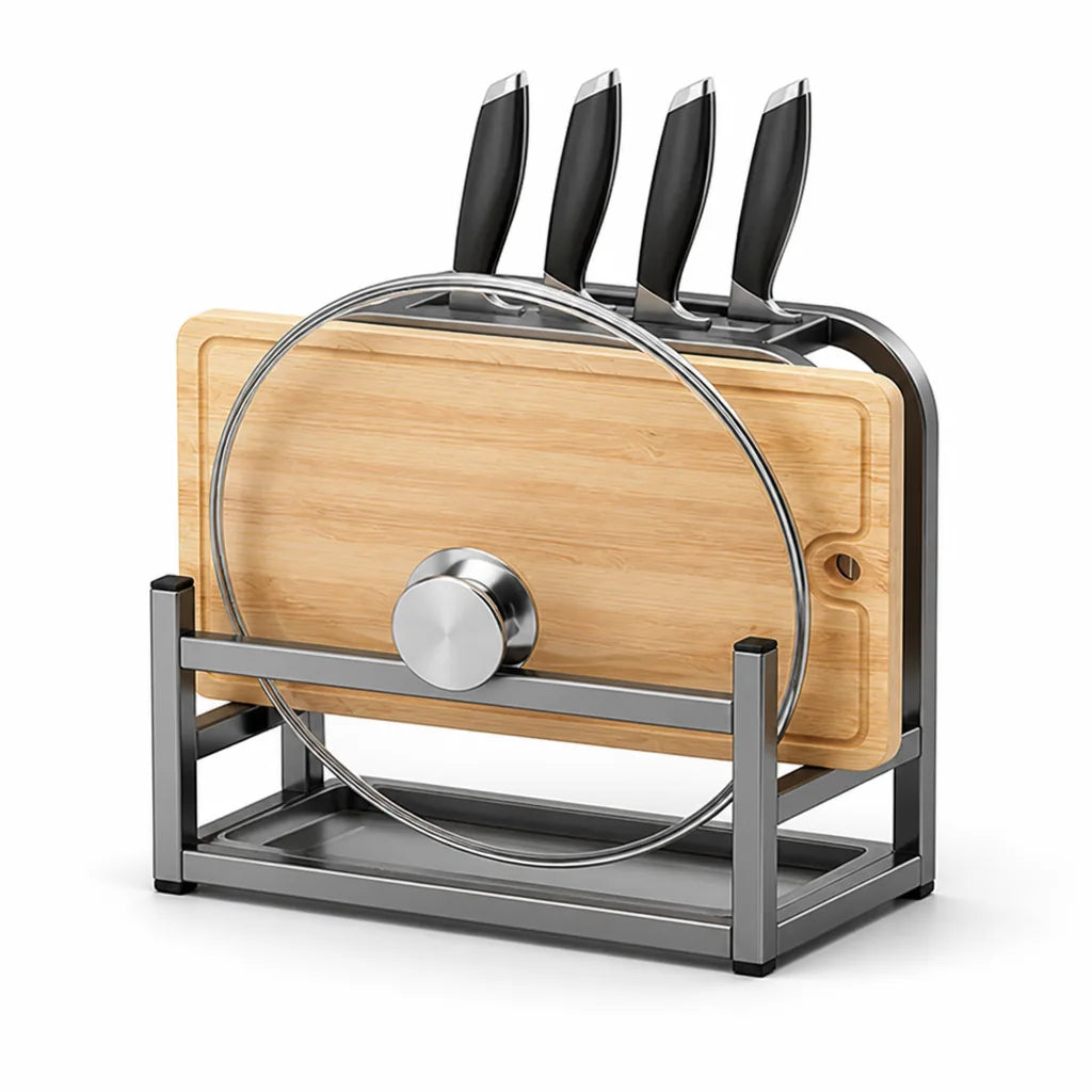 Metal Stand Cutting Board and Lid Holder Knife Block
