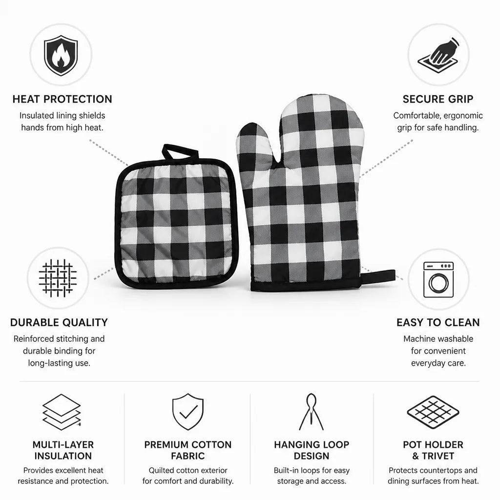 Oven Mitt & Pot Holder Quilted Insulated Cotton Machine Washable