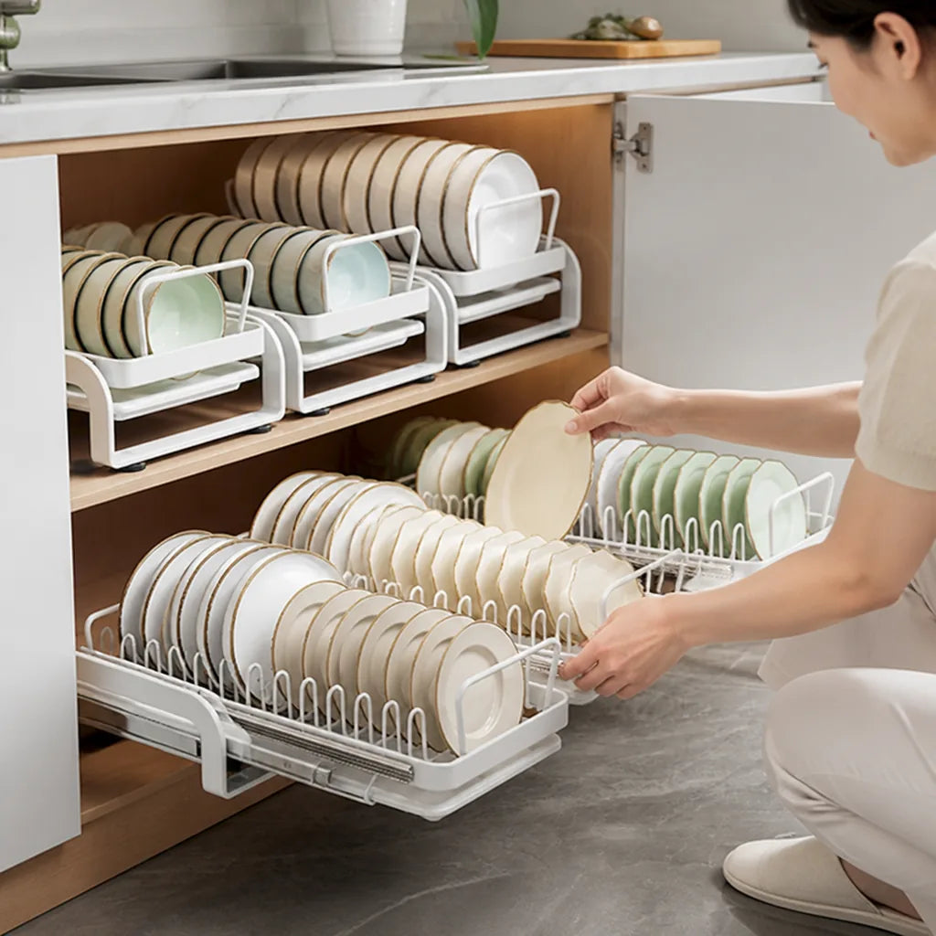 Pull-Out Dish Shelf Quiet Rails Plate & Bowl Organizer