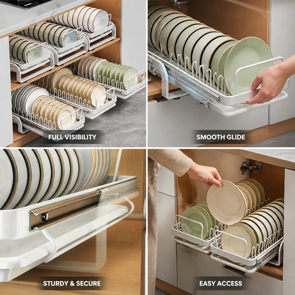 Pull-Out Dish Shelf Quiet Rails Plate & Bowl Organizer