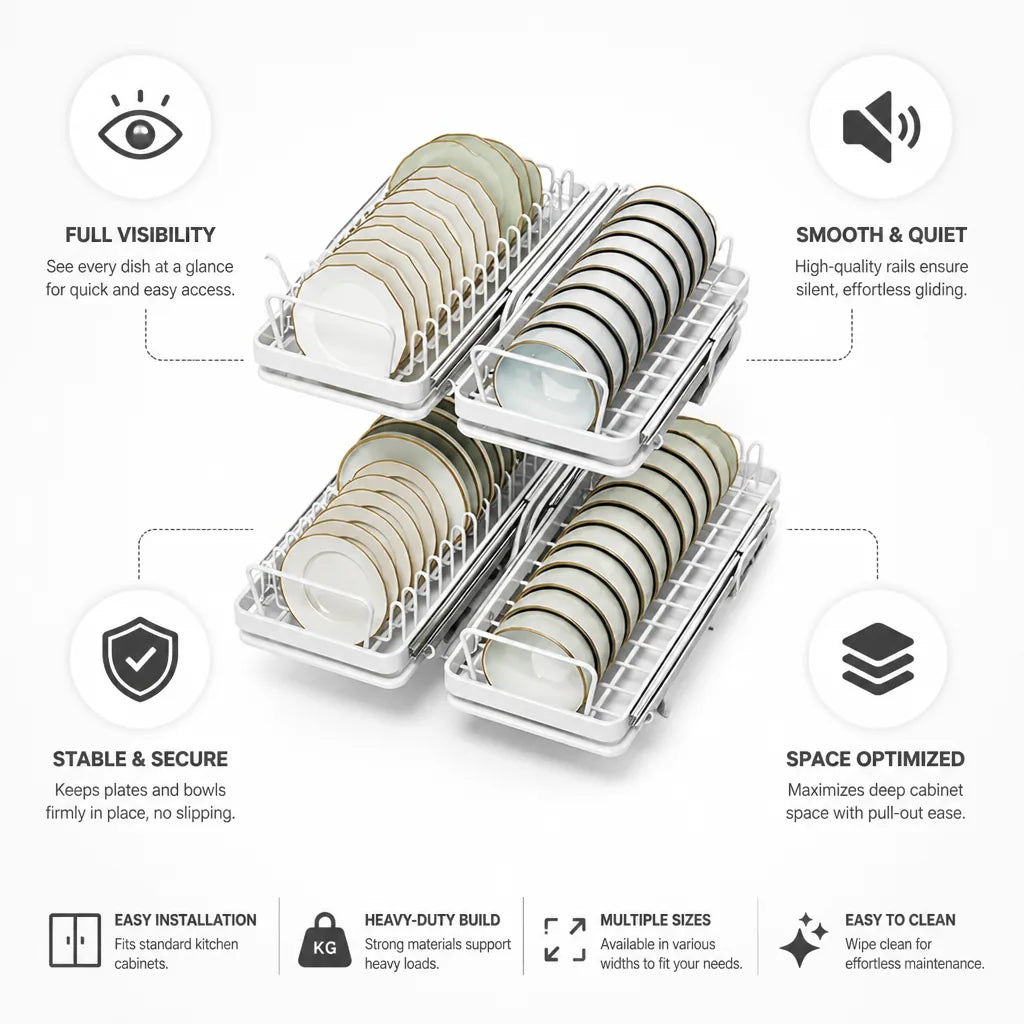Pull-Out Dish Shelf Quiet Rails Plate & Bowl Organizer