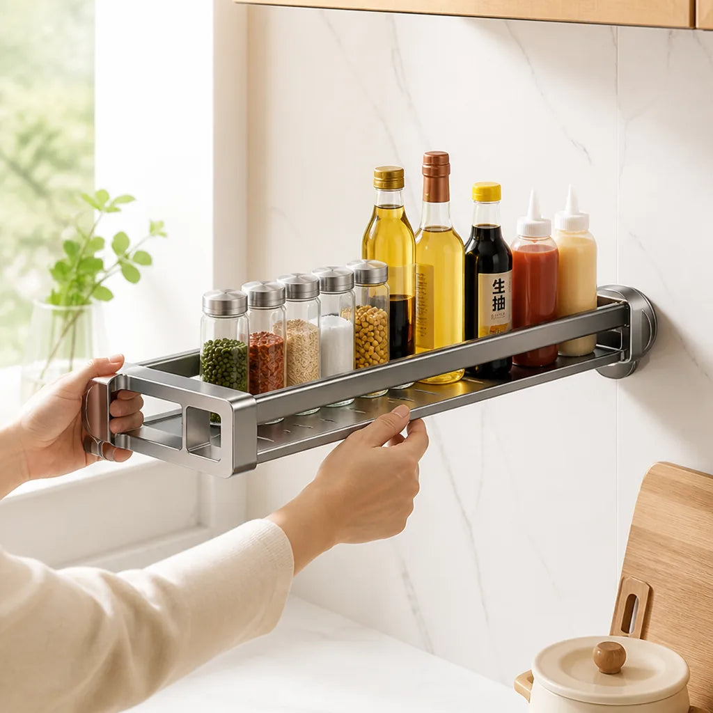 Pull-Out Wall Shelf No-Drill Adhesive Telescopic Space-Saving