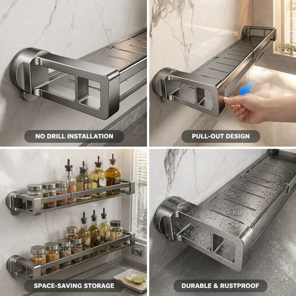 Pull-Out Wall Shelf No-Drill Adhesive Telescopic Space-Saving