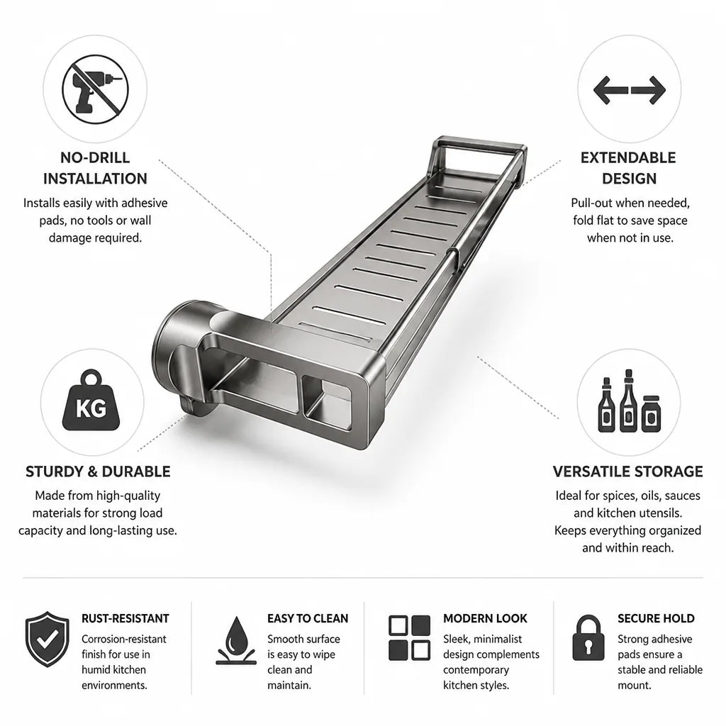 Pull-Out Wall Shelf No-Drill Adhesive Telescopic Space-Saving