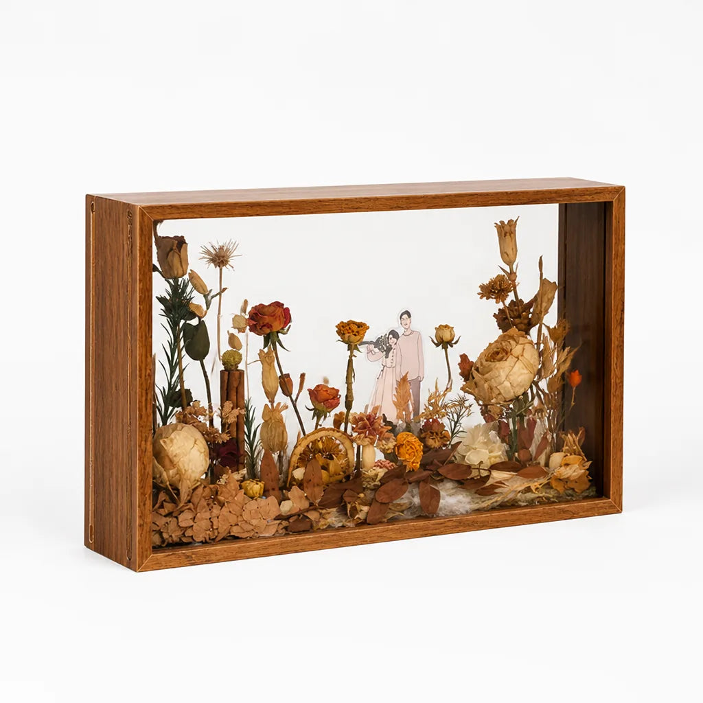 Shadow Box 3D Dried Flowers Wood & Glass Frame