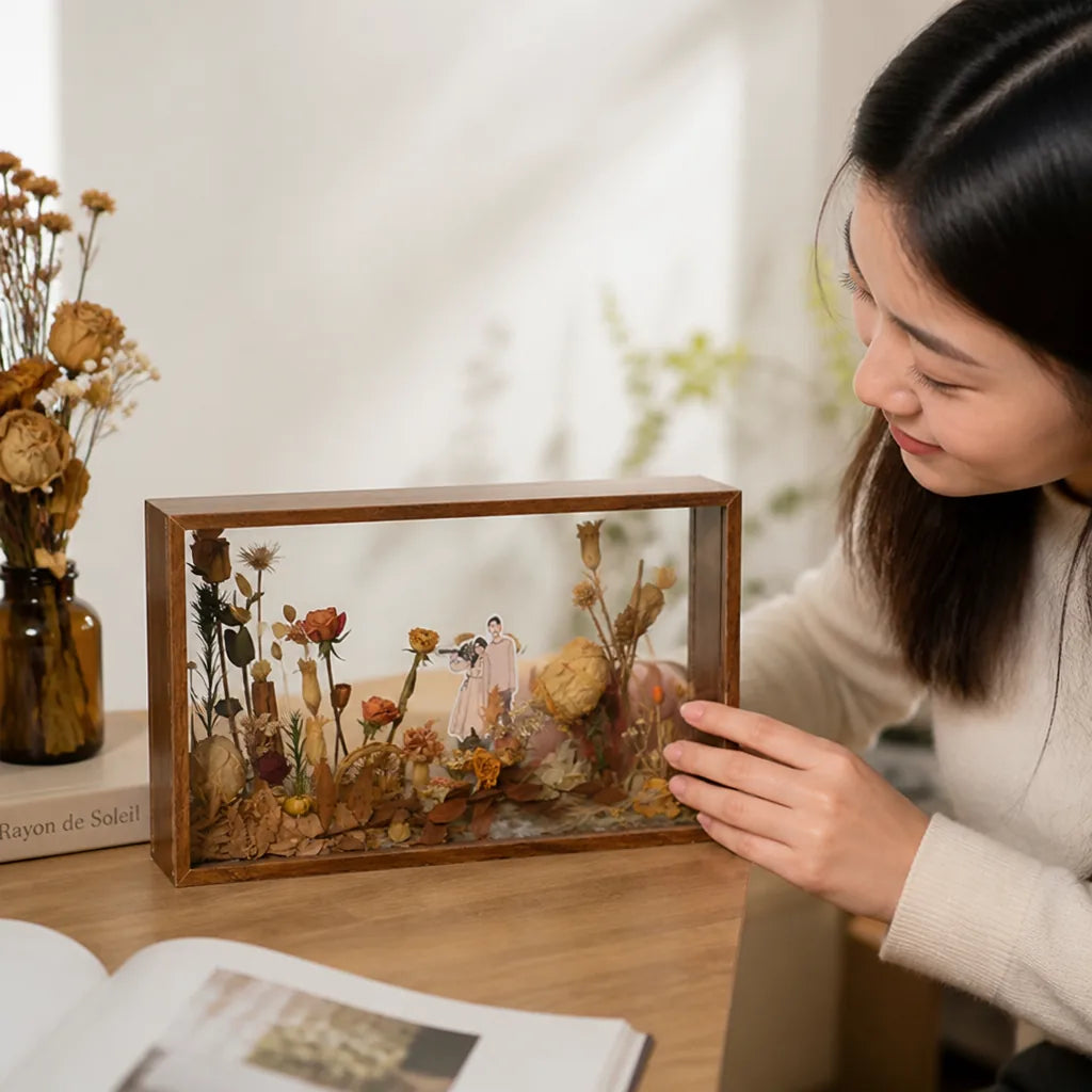 Shadow Box 3D Dried Flowers Wood & Glass Frame