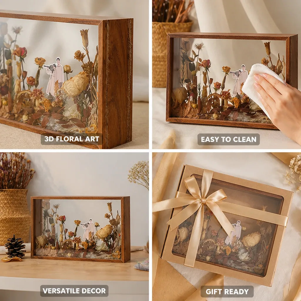 Shadow Box 3D Dried Flowers Wood & Glass Frame