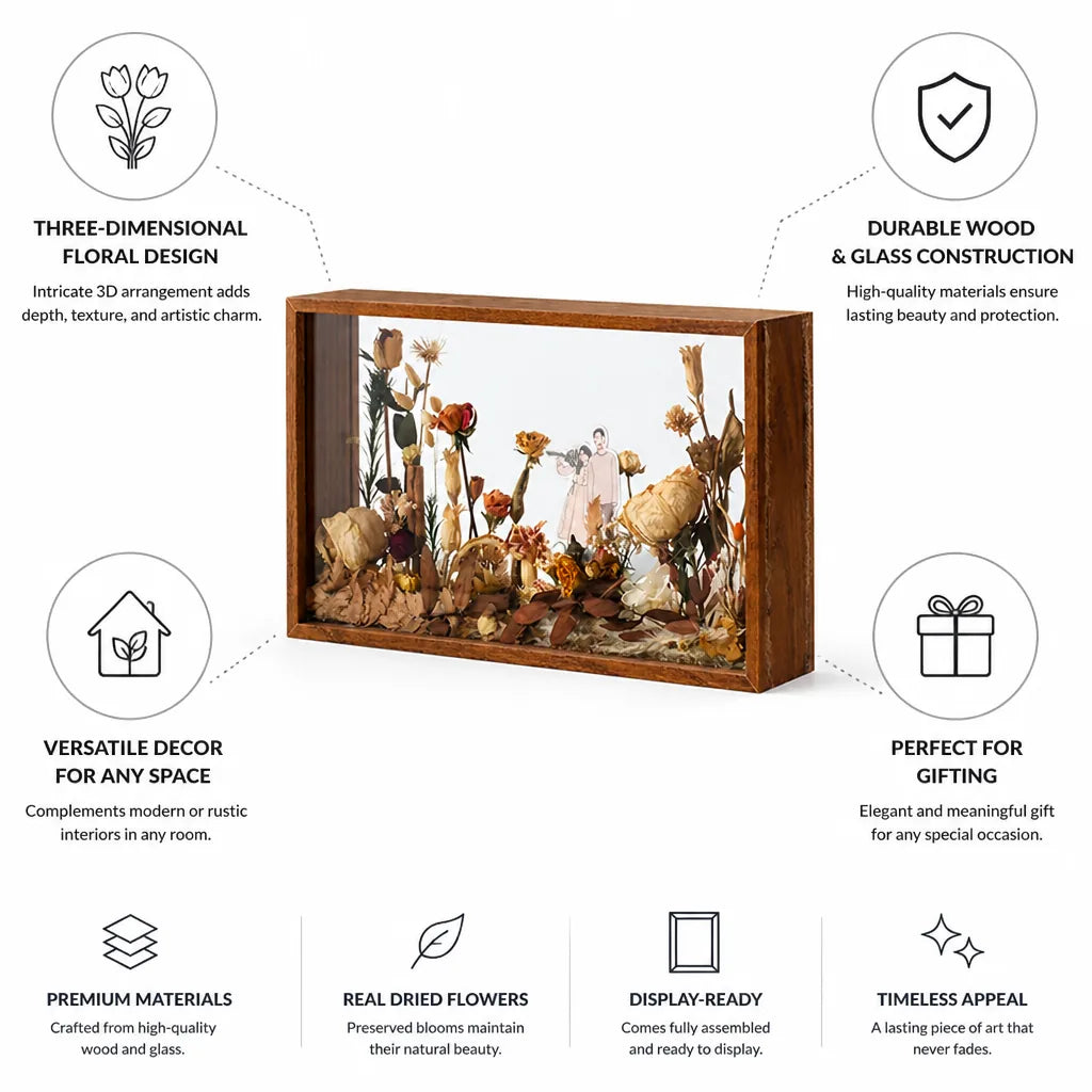 Shadow Box 3D Dried Flowers Wood & Glass Frame