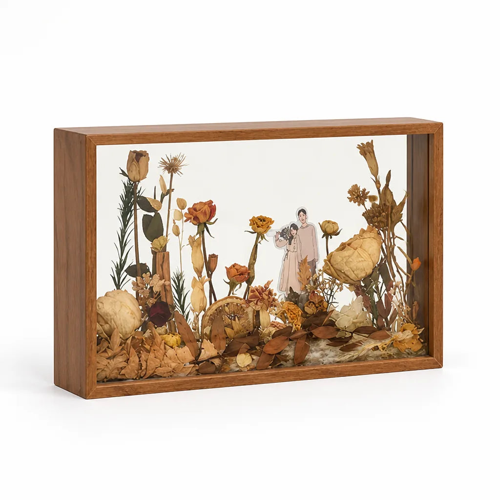 Shadow Box 3D Dried Flowers Wood & Glass Frame
