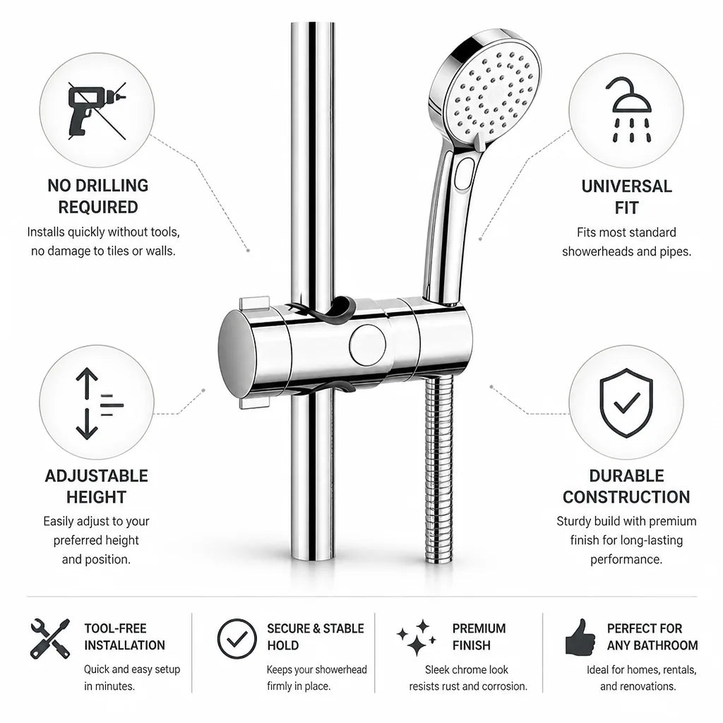 Showerhead Holder No-Drill Height-Adjustable Universal Fit