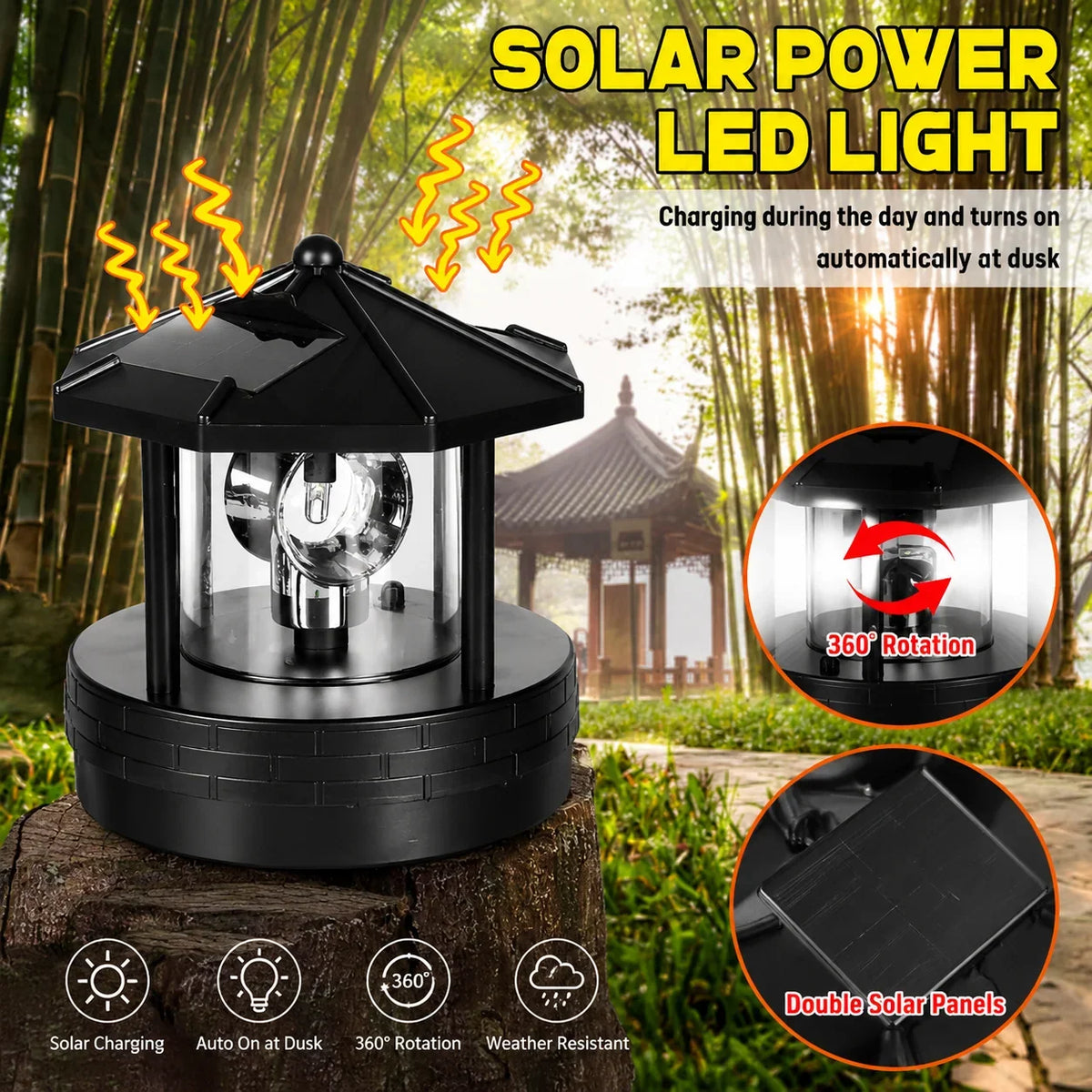 Solar Garden Light Rotating Beacon Automatic Dusk Activation
