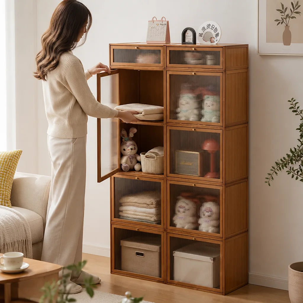 Space-Saving Bamboo Storage Cabinet (Transparent Doors)