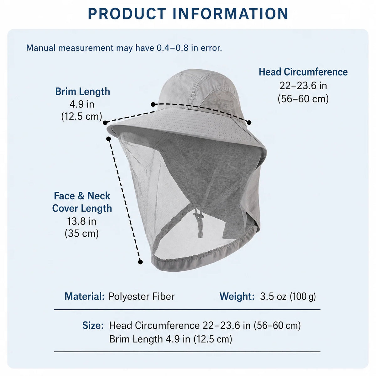 Sun Hat Wide Brim Breathable Mesh Face & Neck Cover Foldable Adjustable Fit