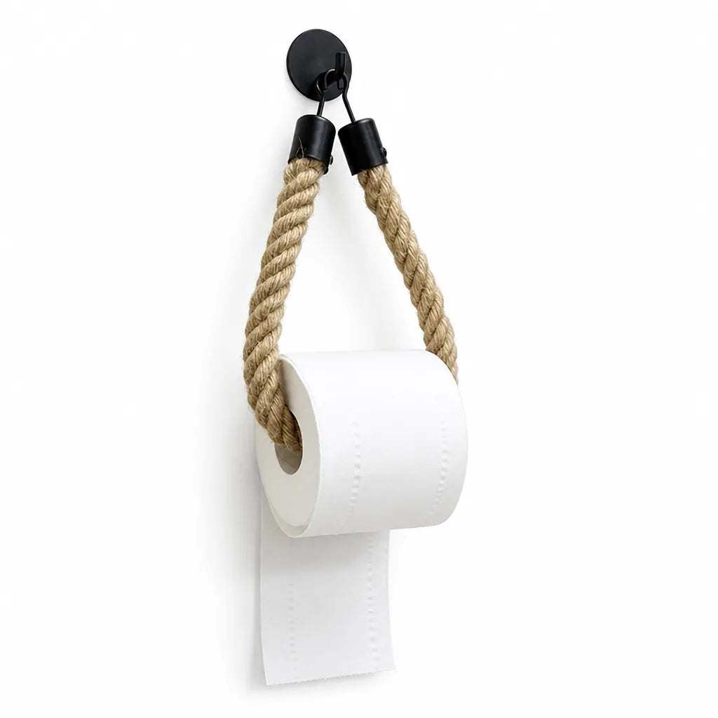 Toilet Paper Holder Natural Rope & Black Metal Hook