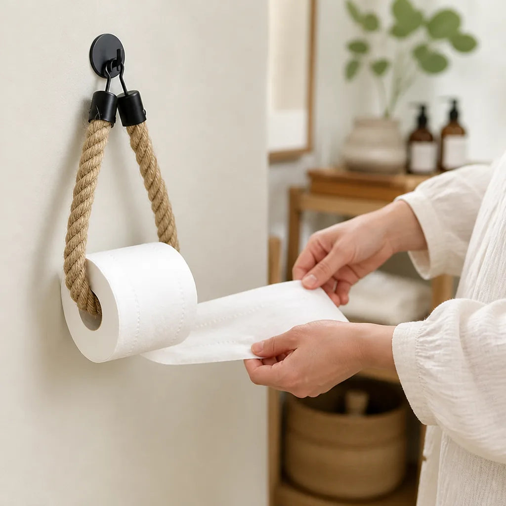 Toilet Paper Holder Natural Rope & Black Metal Hook