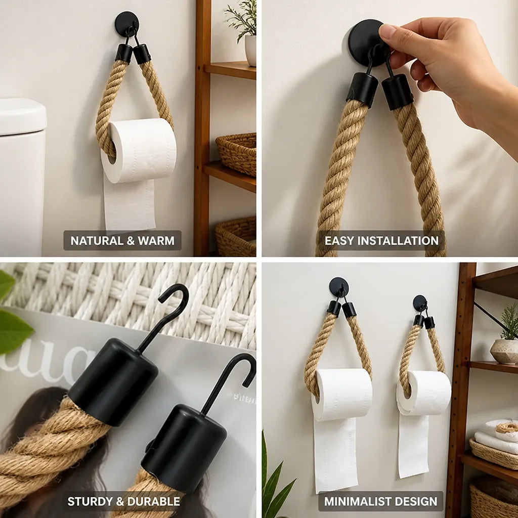 Toilet Paper Holder Natural Rope & Black Metal Hook