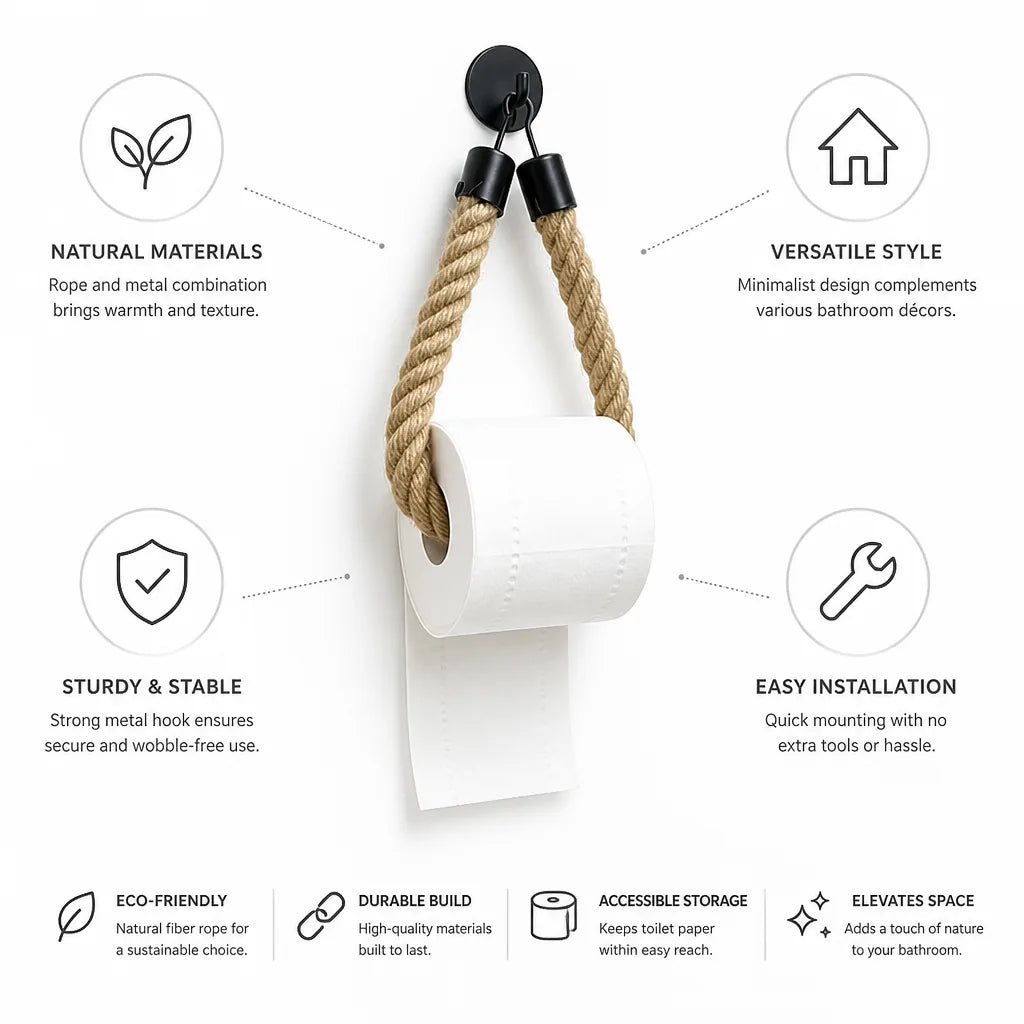 Toilet Paper Holder Natural Rope & Black Metal Hook