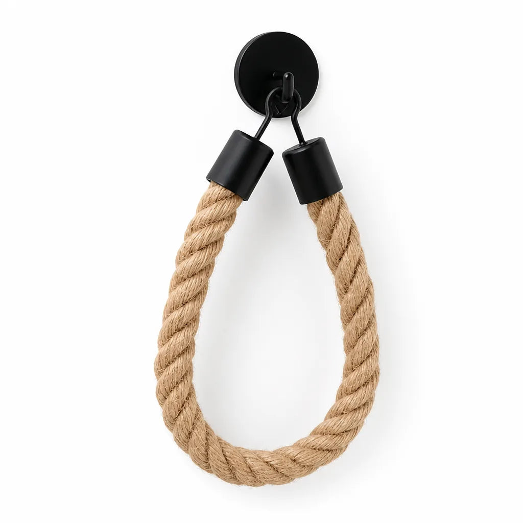 Toilet Paper Holder Natural Rope & Black Metal Hook