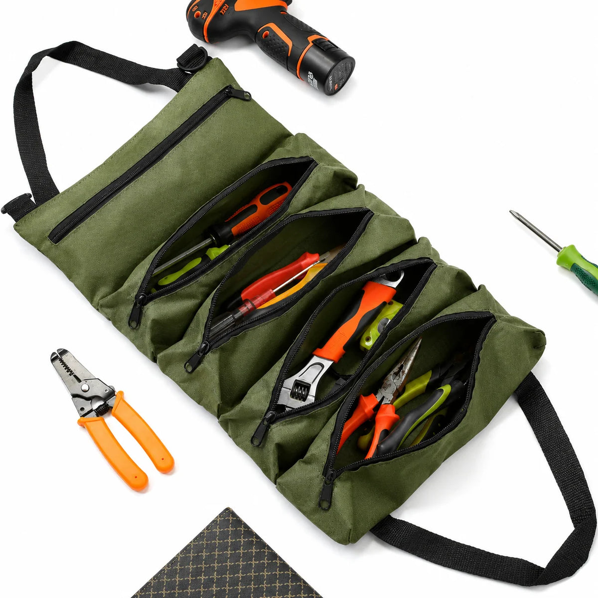 Tool Organizer Bag Canvas Roll-Up Design 5 Zippered Pockets