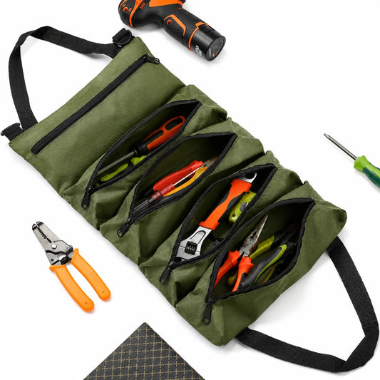 Tool Organizer Bag Canvas Roll-Up Design 5 Zippered Pockets