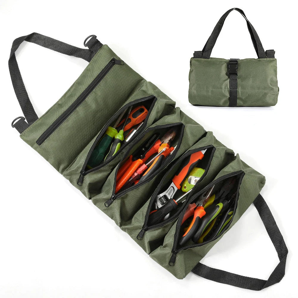 Tool Organizer Bag Canvas Roll-Up Design 5 Zippered Pockets