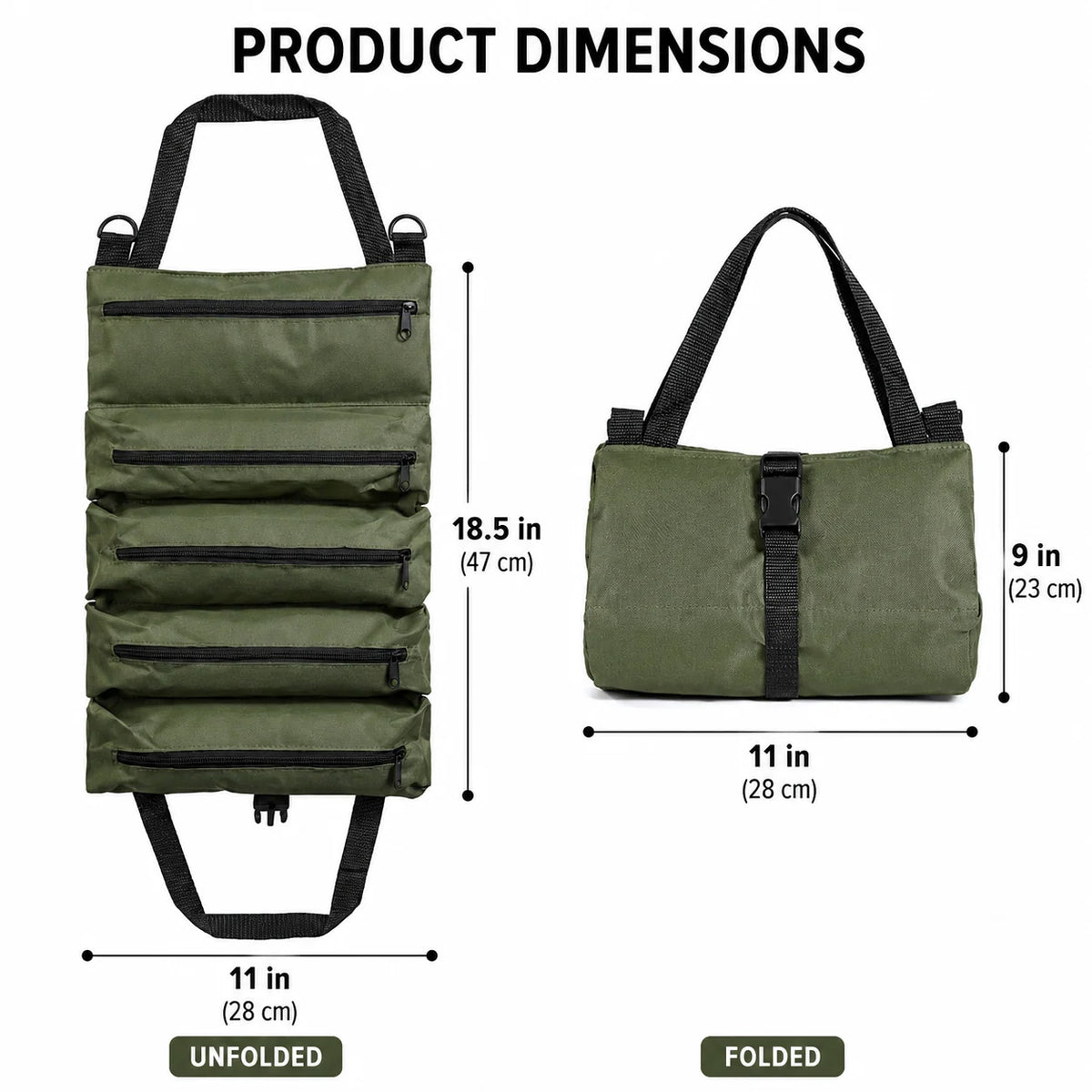 Tool Organizer Bag Canvas Roll-Up Design 5 Zippered Pockets