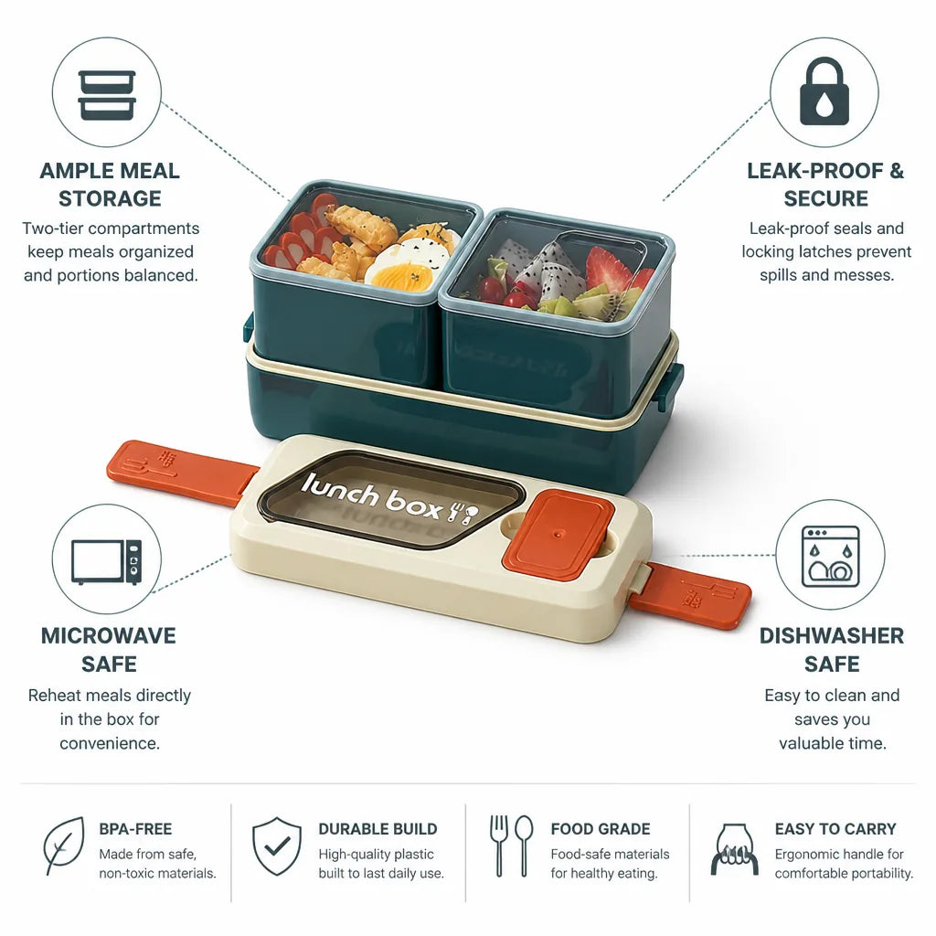 Two-Tier Lunch Box Leak-Proof BPA-Free Microwave & Dishwasher Safe