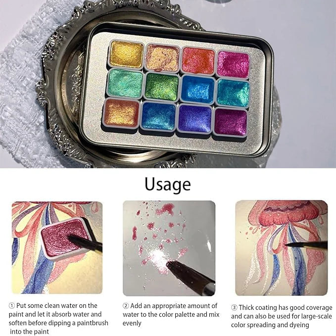 Watercolor Paint Set Shimmering 12 Colors Non-Toxic