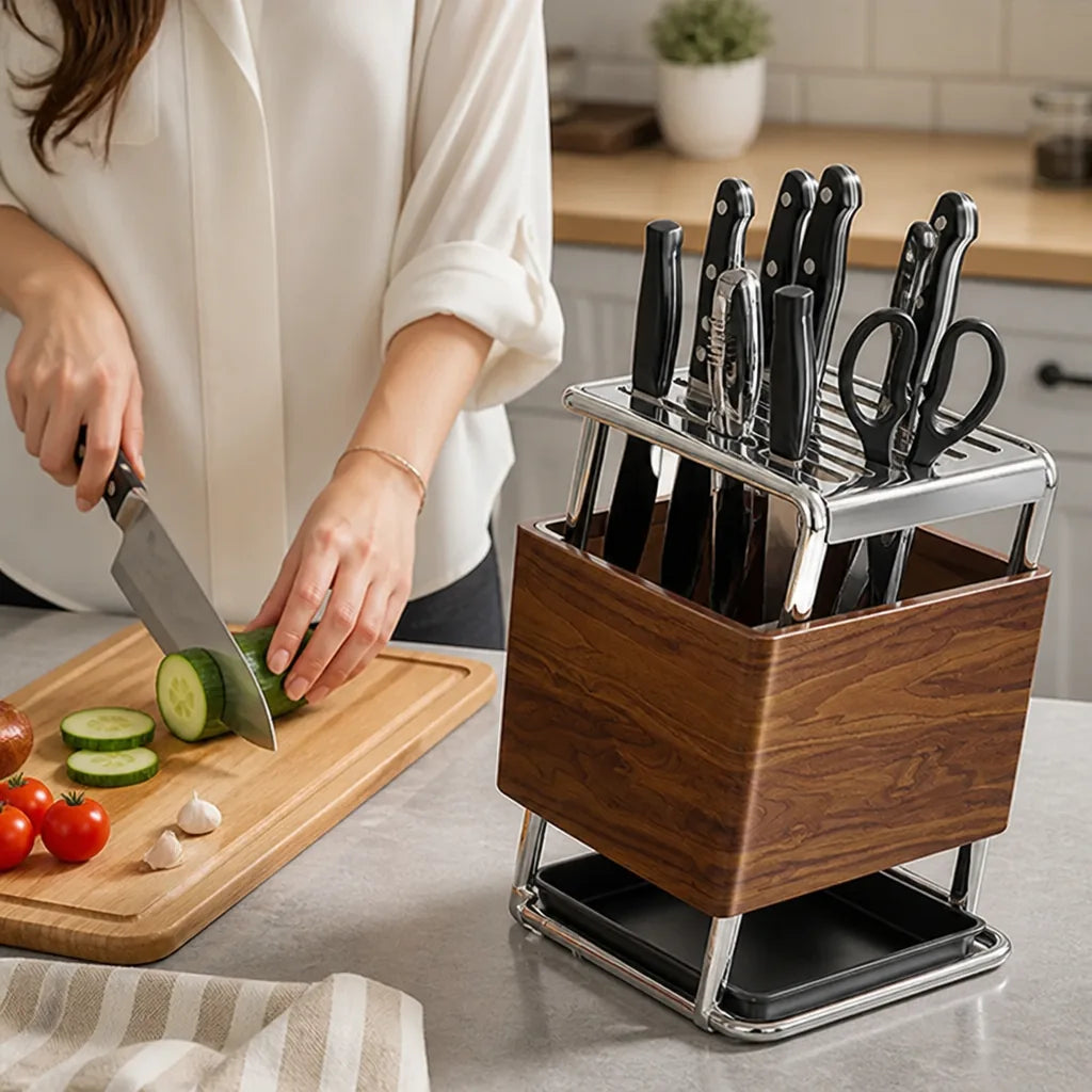 Wood-Look Cutlery & Cutting Board Storage Knife Holder