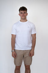 A front view of a Male model wearing a plain white cosycore by beCosy short sleeve tshirt with an embroidered cat logo