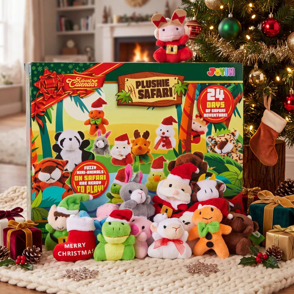 Advent Calendar 24 Mini Plush Animals Numbered Doors Reusable Box