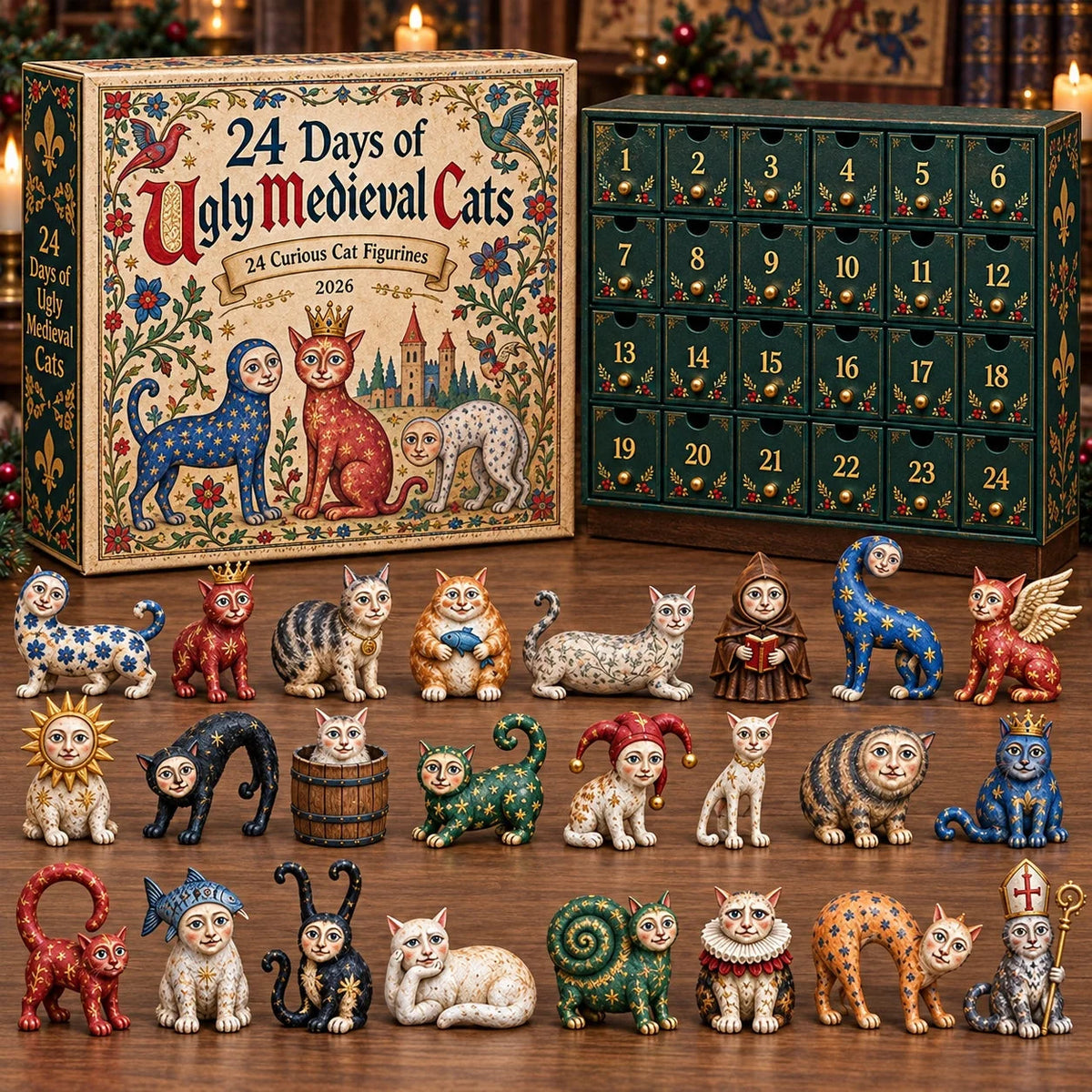 Advent Calendar Medieval Cat Acrylic Ornaments 24-Piece Set