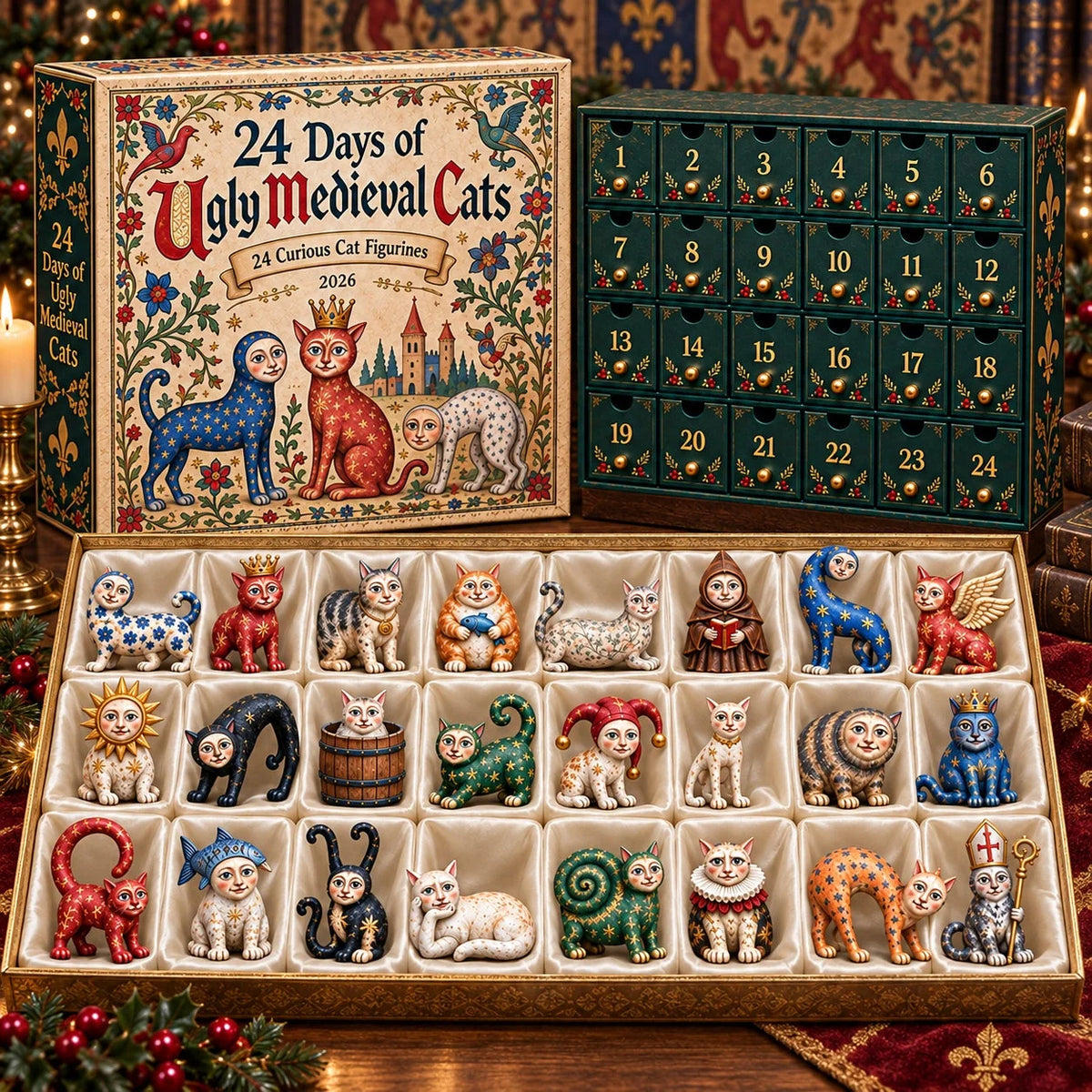 Advent Calendar Medieval Cat Acrylic Ornaments 24-Piece Set