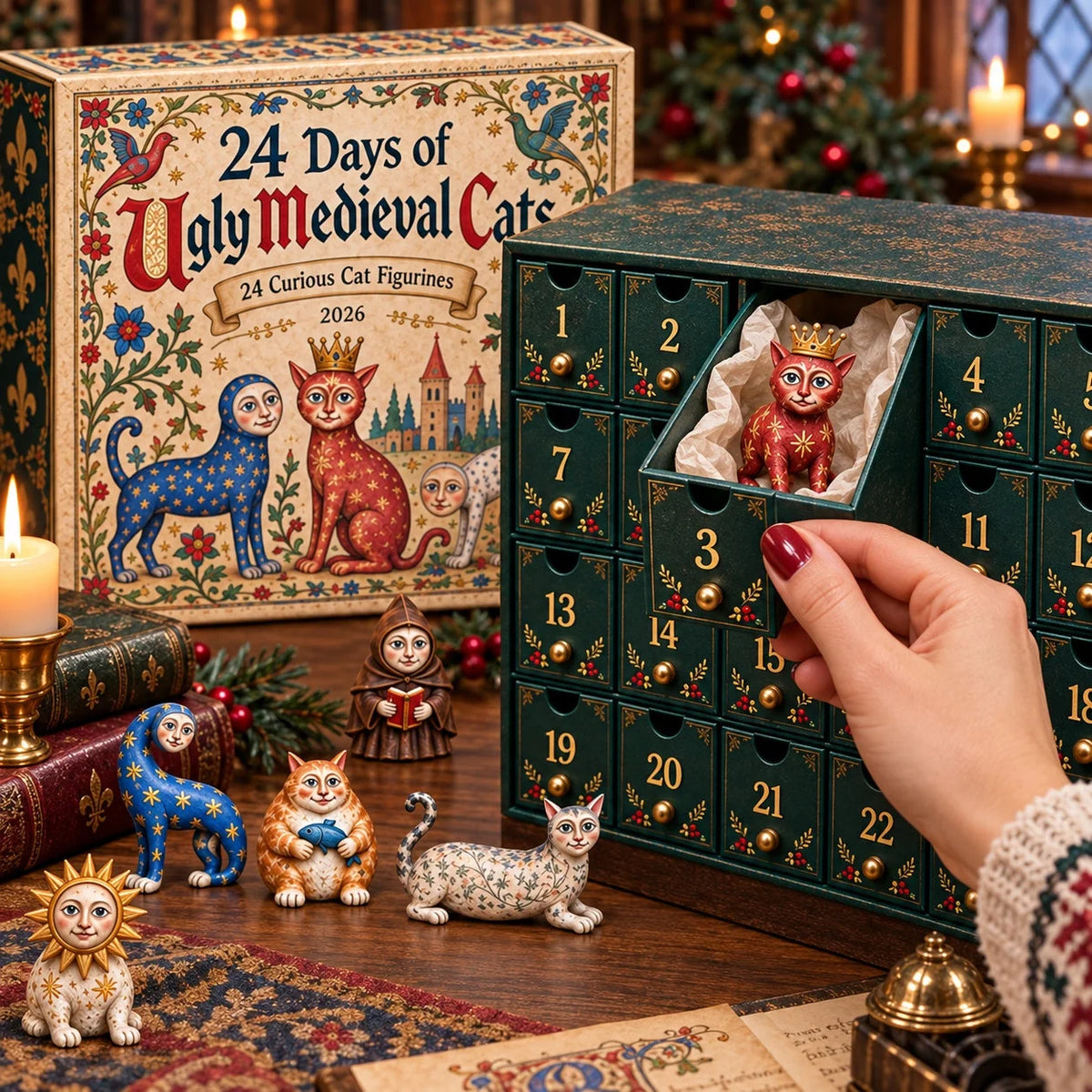 Advent Calendar Medieval Cat Acrylic Ornaments 24-Piece Set