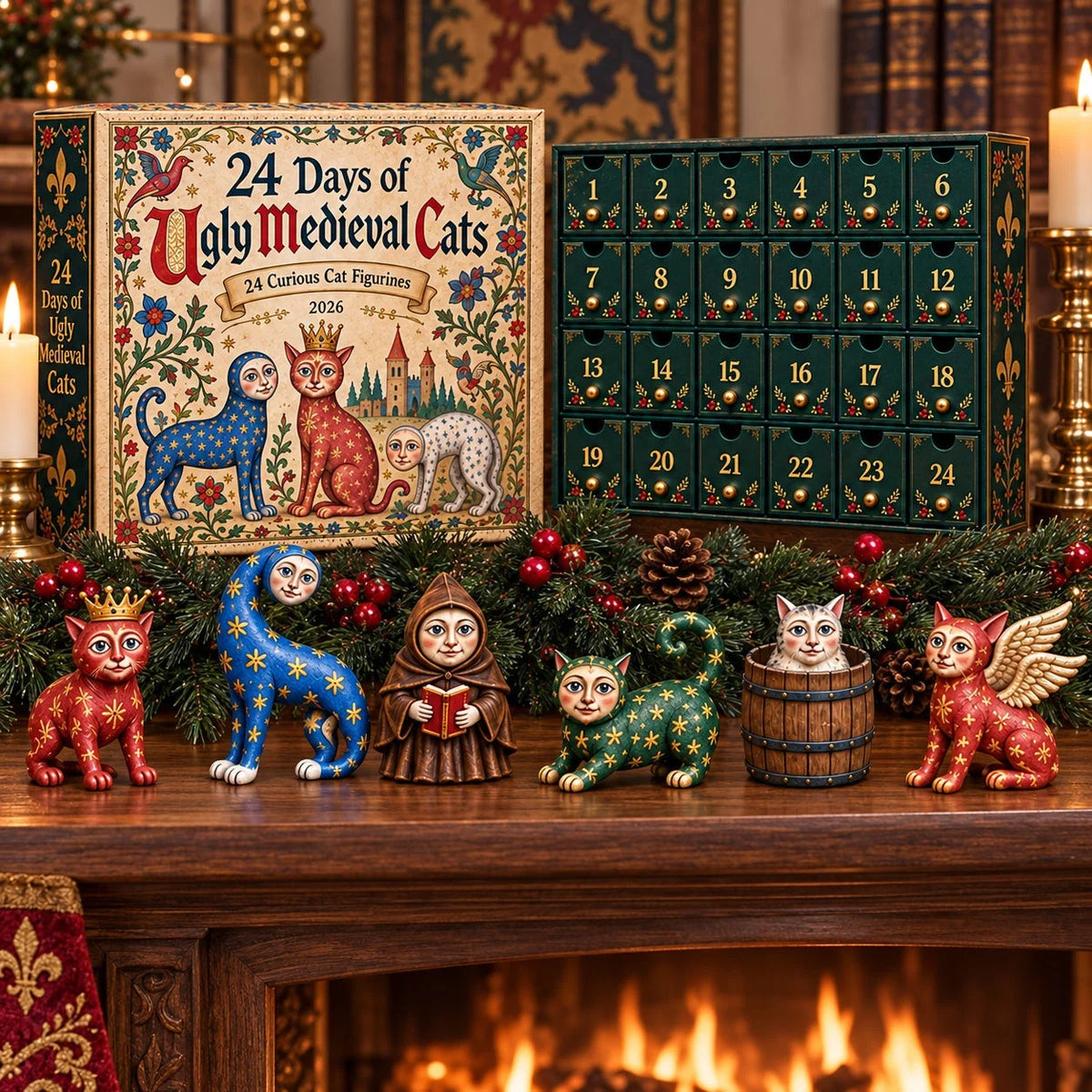 Advent Calendar Medieval Cat Acrylic Ornaments 24-Piece Set