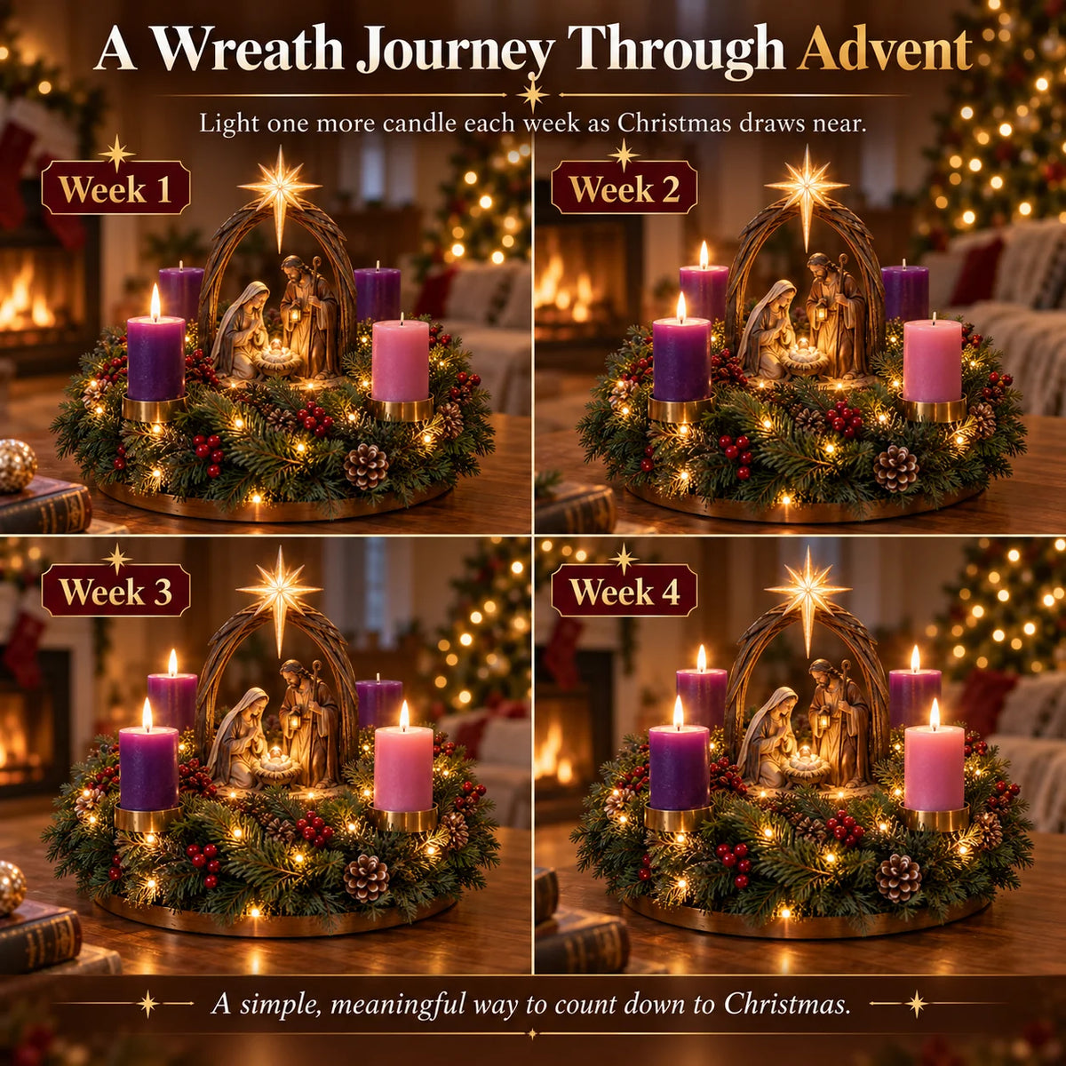 Advent Wreath Nativity Scene 4 Flameless Candles